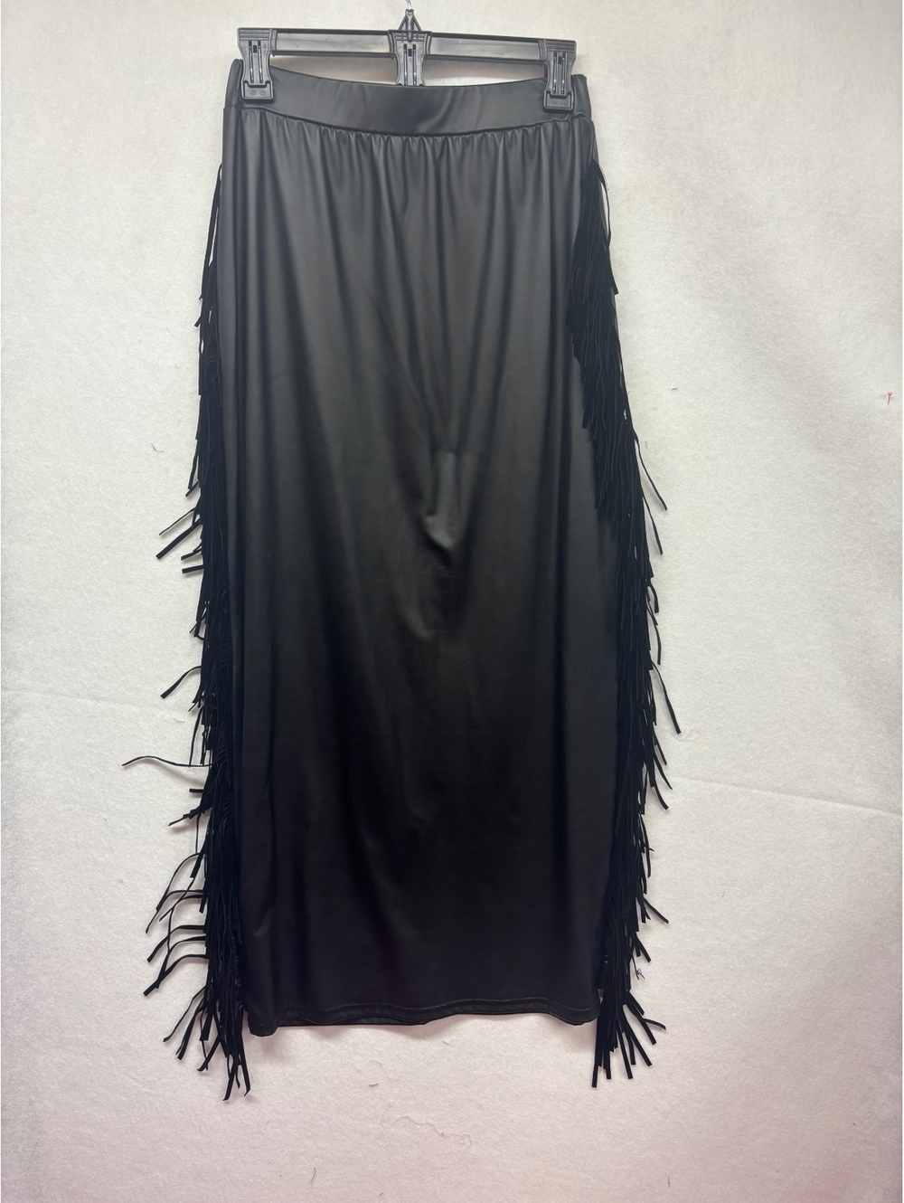 SHEIN Black Faux Leather Fringe Midi Skirt Size 6
